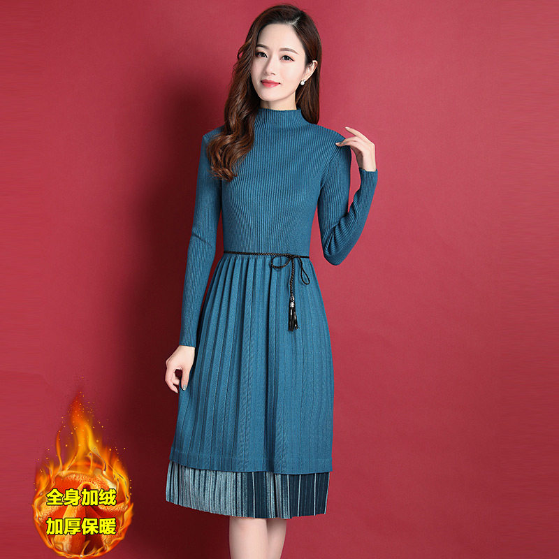 Autumn and winter new waist knitted dress women's semi-high collar long version over the knee velvet thickened base sweater skirt tide