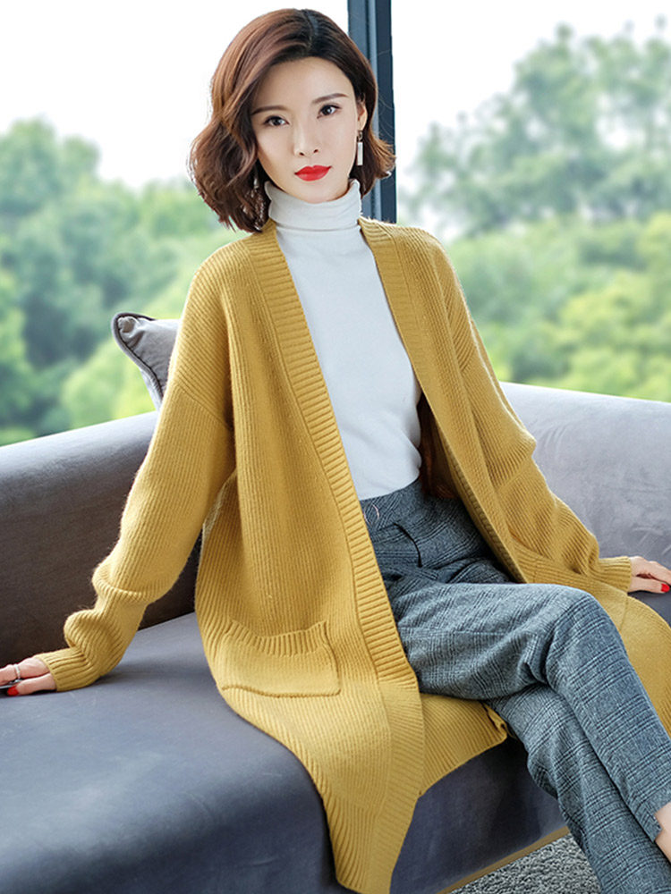 Medium and long version knitted cardigan jacket women's autumn and winter 2021 new loose casual long-sleeved outer shawl sweater women