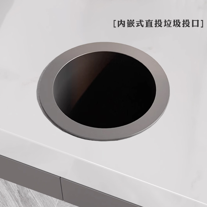Black Countertop Embedded Trash Can with a Circular Direct-Injection Opening Without a Lid for Commercial Bathroom Countertops