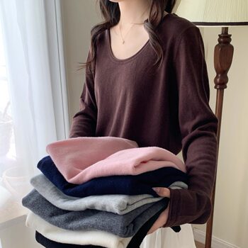 48-Count Ultra-Fine Merino Rolled-Edge Crew Neck All-Wool Base Layer Sweater for Women, Loose-Fitting Thin Wool Sweater for Autumn and Winter