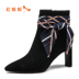 Boots mùa đông New Cashmere Tính Ribbon ngắn Boots Slim cao gót thời trang Boots Cô gái đỏ của phụ nữ 