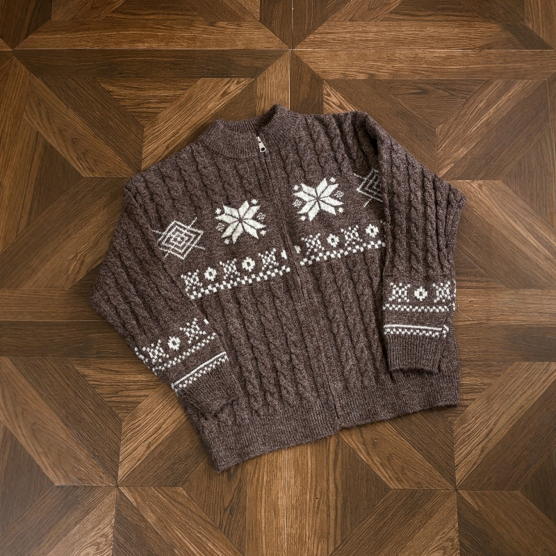 Dmxa Retro Fair Isle Snowflake Knit Sweater for Men, Relaxed Vibe, Warm Stand-Collar Cardigan Jacket, Trendy