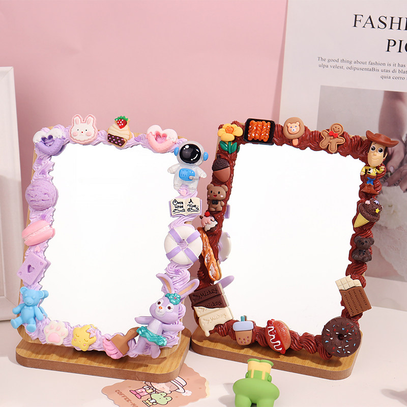 Creative Cream Glum Handmade Makeup Mirror Cartoon Big Ear Dog DIY Wood Portable Folding Mirror Household Student Gifts