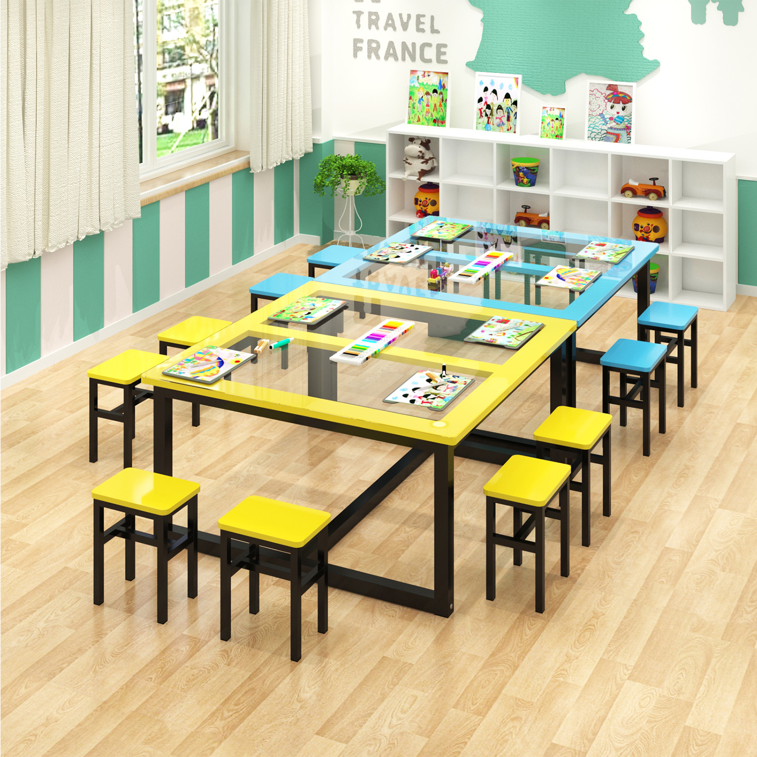 Painting table art table glass training remedial class remedial desks and chairs kindergarten students calligraphy handmade studio table