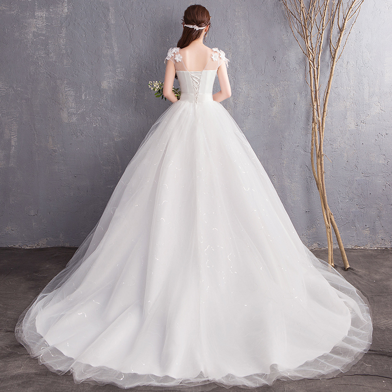 Váy cưới ren đôi vai cổ chữ V cho thấy mỏng chúa kéo chiếc váy đuôi đám cưới ren áo cưới cửa hàng váy trắng