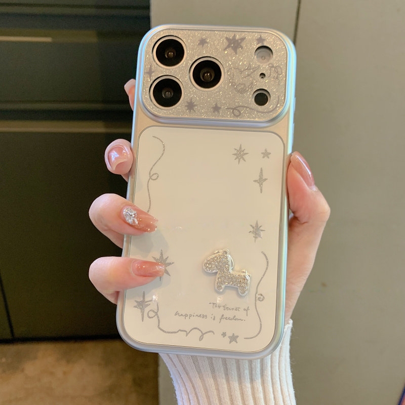 Suitable for Apple 17 Pro Max Phone Case, New 2026 White Three-Dimensional Rhinestone Pony iPhone 16 Pro Max Simple 15 Full Coverage Lens 14 Niche High-End 13 Cute Protective Case for Women
