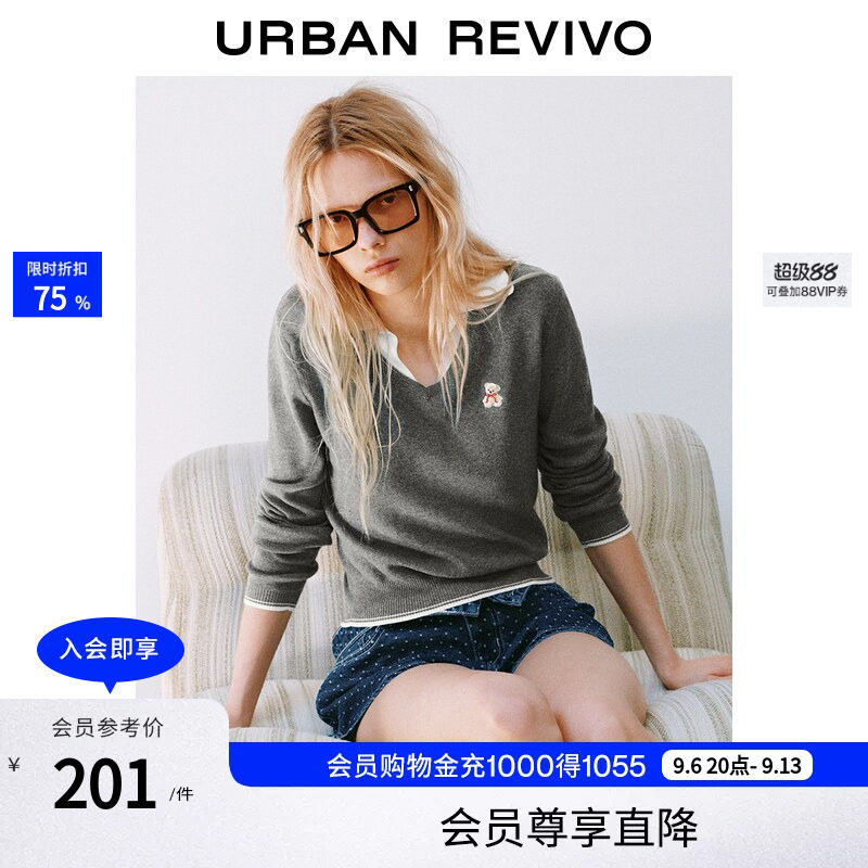 UR2026秋季新款女装休闲学院假两件刺绣小熊针织衫UYY960075+