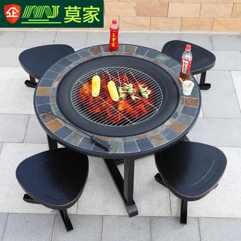 Mojia Iron Art Table And Chairs Combined Cast Aluminum Patio Home Barbecue Oven Charcoal Open-air Furniture Outdoor Barbecue Table And Chairs