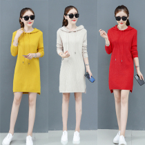 Long sleeve knitted dress girl 2022 Spring and Autumn new Han Edition early autumn middle long menu skirt