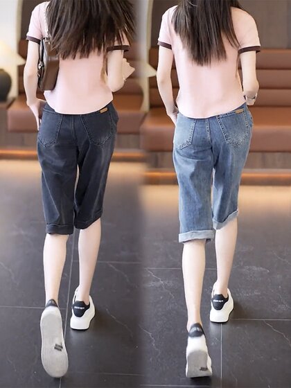 梨型身材薄款直筒牛仔短裤子2025大码夏季女新款显瘦破洞五六分裤