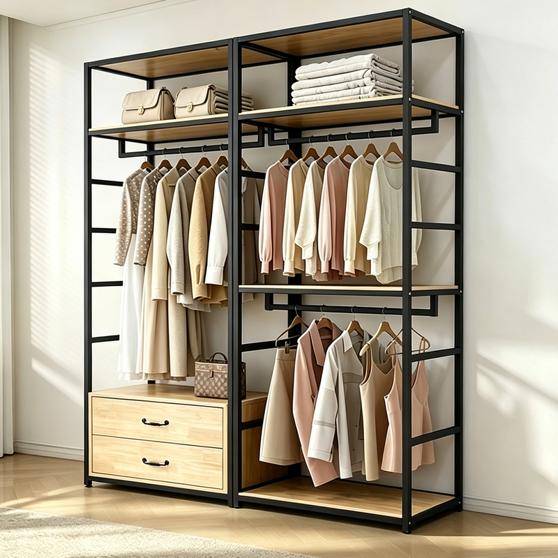 Floor-Standing Coat Rack for Bedroom, Open-Style Simple Wardrobe, Easy-To-Assemble Metal Clothes Rack, DIY Metal Closet