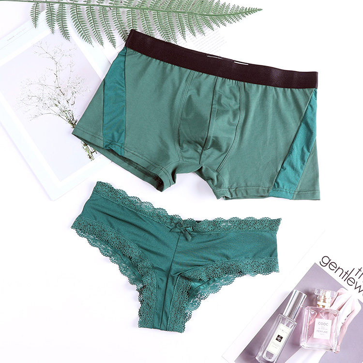 2-pack couple panties low waist hip lace slip material pure cotton male flat angle female triangle U convex solid color sexy breathable