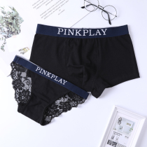 Couple underwear cotton male flat corner female triangle sexy lace hollow stripe solid color middle low waist letter hip hip