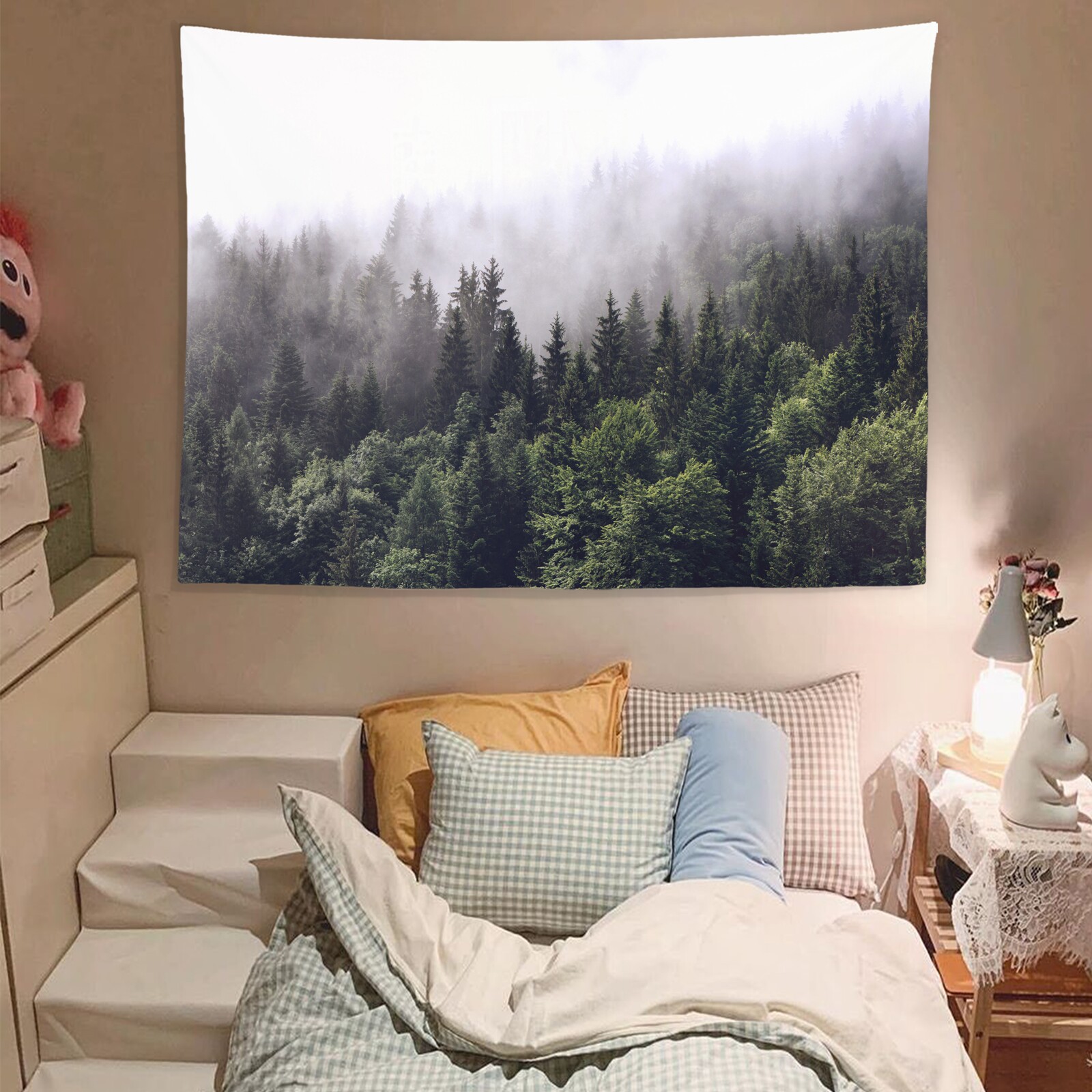 Foggy forest Nordic ins wind fresh background cloth bedroom wall cloth rental house renovation dormitory decoration tapestry hanging cloth