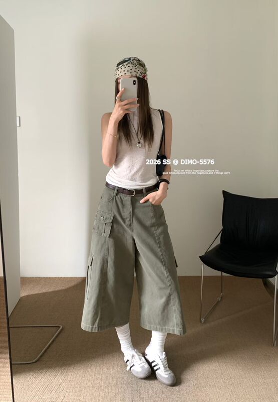 European Goods 5576 Genuine American-Style Workwear Cropped Wide-Leg Pants for Women, High-Waisted, Large Pockets, Casual Loose Eight-Point Skirt Pants for Summer European Goods 5576 Genuine American-Style Workwear Cropped Wide-Leg Pants for Women, High-Waisted, Large Pockets, Casual Loose Eight-Point Skirt Pants for Summer