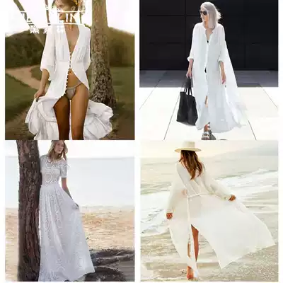 White deep v bikini jacket Women's lace blouse Mid-length beach skirt split long-sleeved sunscreen swimsuit blouse