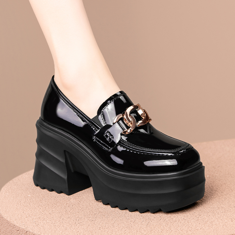 10cm Height-Increasing Ultra-High Heel Shoes for Women, Thick-Soled Genuine Leather Slip-On Shoes for Petite Women, Thick-Soled Loafers with Chunky Heels