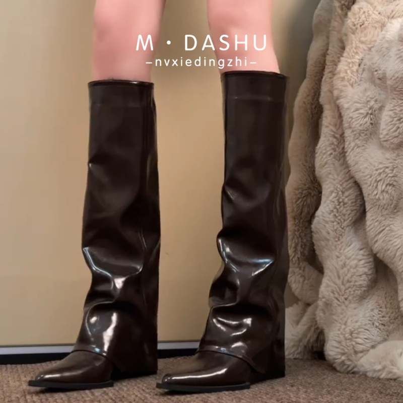 Sheepskin Version! Wedge Fashion Boots with an 8cm Height Increase, Over-The-Knee Long Boots, Pointed Toe Trouser Boots, Slimming Long Knight Boots