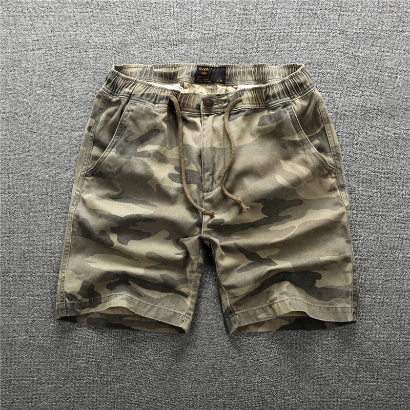 American Retro Men's Jogging Shorts, Pure Cotton, Loose Fit, Five-Point Pants, Sports Running Shorts, Camouflage, Drawstring Waist