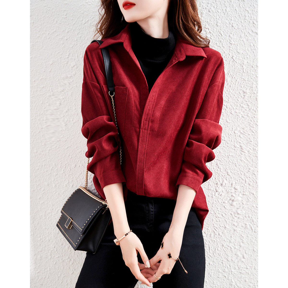 Foreign Trade Single Italian first-line big tail cut female clothing export half high-shoulder long sleeve loose shirt