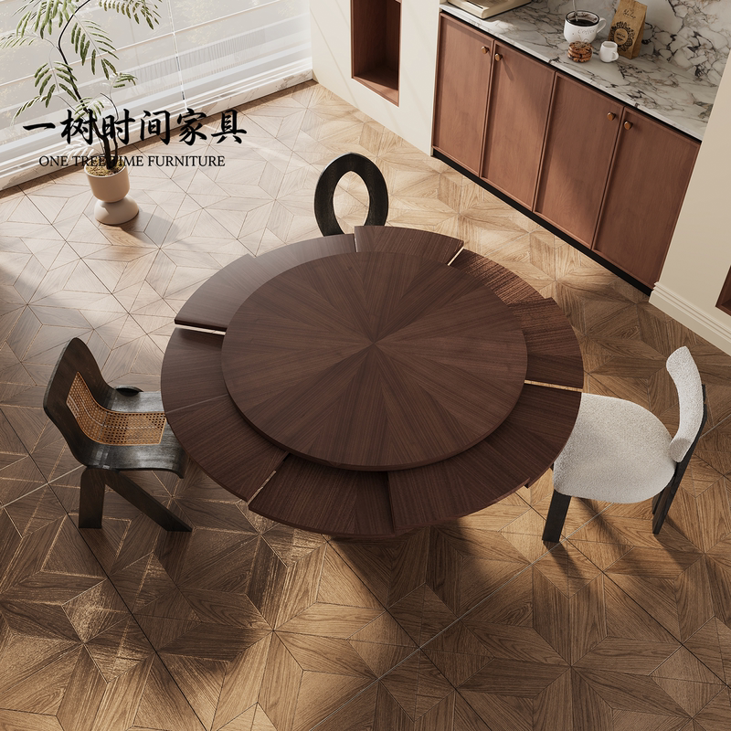 Yishu Time Furniture Antique-Style Solid Wood Transformable Dining Table, Rotating and Extendable, Suitable for Small Spaces, Vintage Round Folding Table
