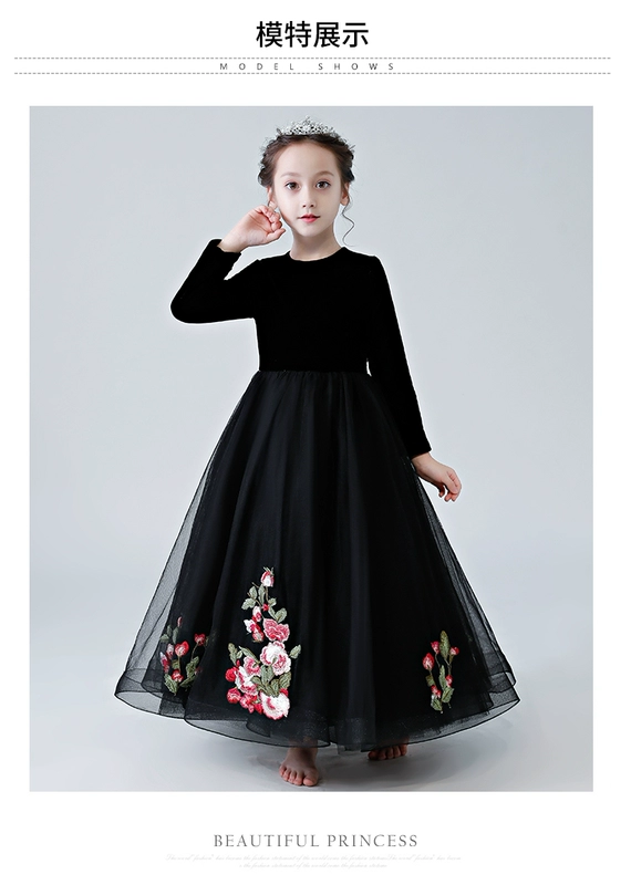 Đầm dạ hội cho bé gái màu đen quý phái váy đầm catwalk cello biểu diễn quần áo trong trang phục thiếu nhi lớn mùa thu đông