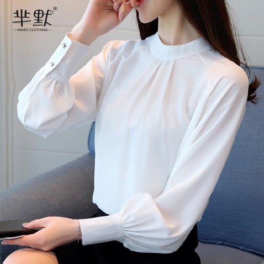 2024 New Women's Spring and Autumn Chiffon Shirt Women's Long Sleeve Loose Korean Style Retro Stand Collar Versatile Lantern Sleeve Top