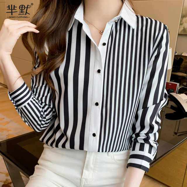 2023 early autumn new women's shirt niche design lapel strip bottoming shirt pattern chiffon shirt top