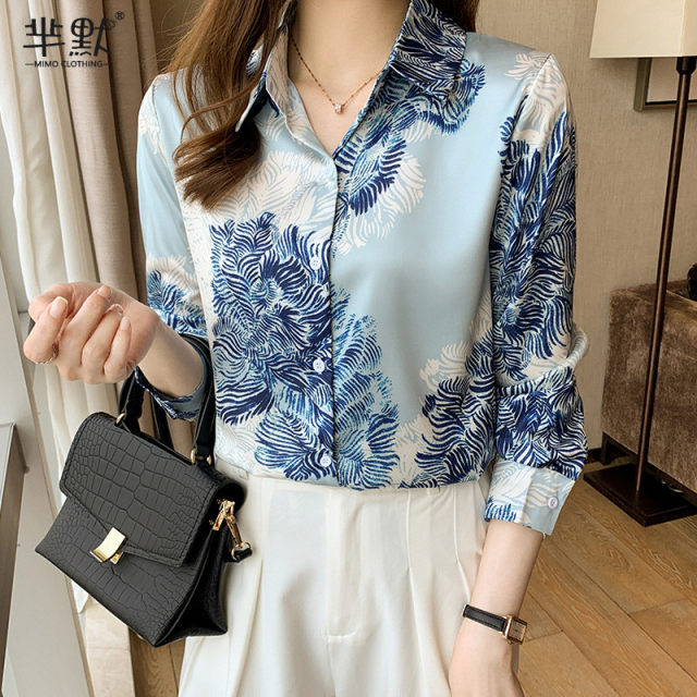 2023 spring tops silk shirt women's long-sleeved mulberry silk blue and white porcelain printed shirt temperament early spring new style