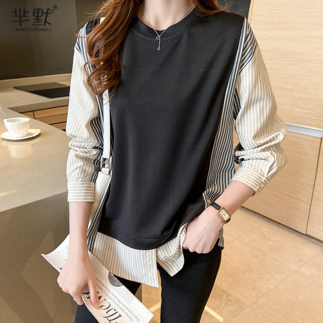 2023 spring new color contrast striped shirt splicing knitted sweater women's loose and versatile fake two-piece temperament top