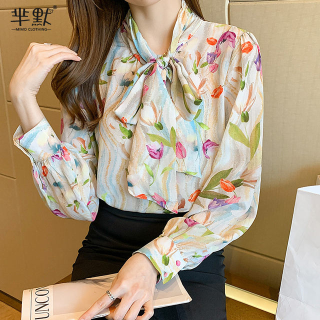 Long-sleeved chiffon floral bow tie French texture temperament shirt female design sense niche early autumn small Hong Kong taste