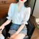 2023 spring and summer French retro lace v-neck short-sleeved top with puff sleeves design sense niche temperament white shirt female