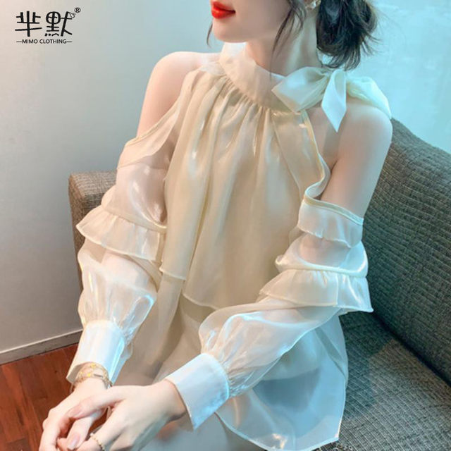 Halter neck chiffon design sense niche strapless shirt women's summer thin section sun protection advanced sense sweet and spicy thin top