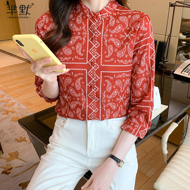 French red round neck 7 quarter sleeves printed shirt women's loose temperament shirt 2023 spring new top