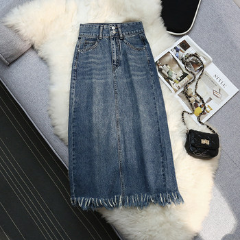 Spring and summer fringed mid-length denim skirt women's spring small tall waist retro slit raw edge a-line skirt