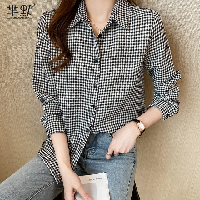 22 Mimo foreign style autumn new women's clothing lapel houndstooth chiffon shirt top cardigan shirt bottoming shirt shirt