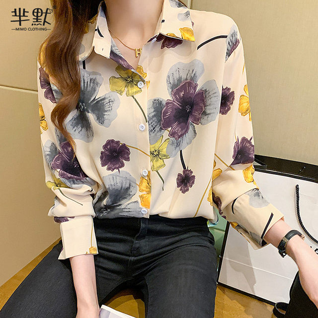 Lapel printed long-sleeved chiffon shirt women's 2023 autumn new fashion all-match loose slim temperament top tide