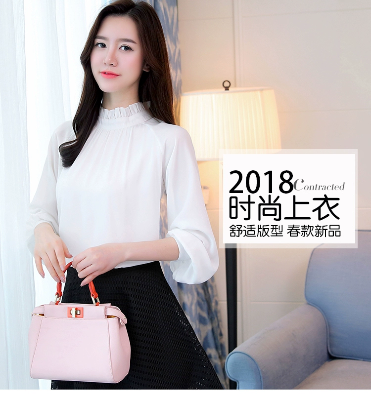 Mùa xuân 2018 mới của phụ nữ Hàn Quốc hoang dã áo voan lỏng nữ cổ dài tay áo cổ áo tay áo sơ mi