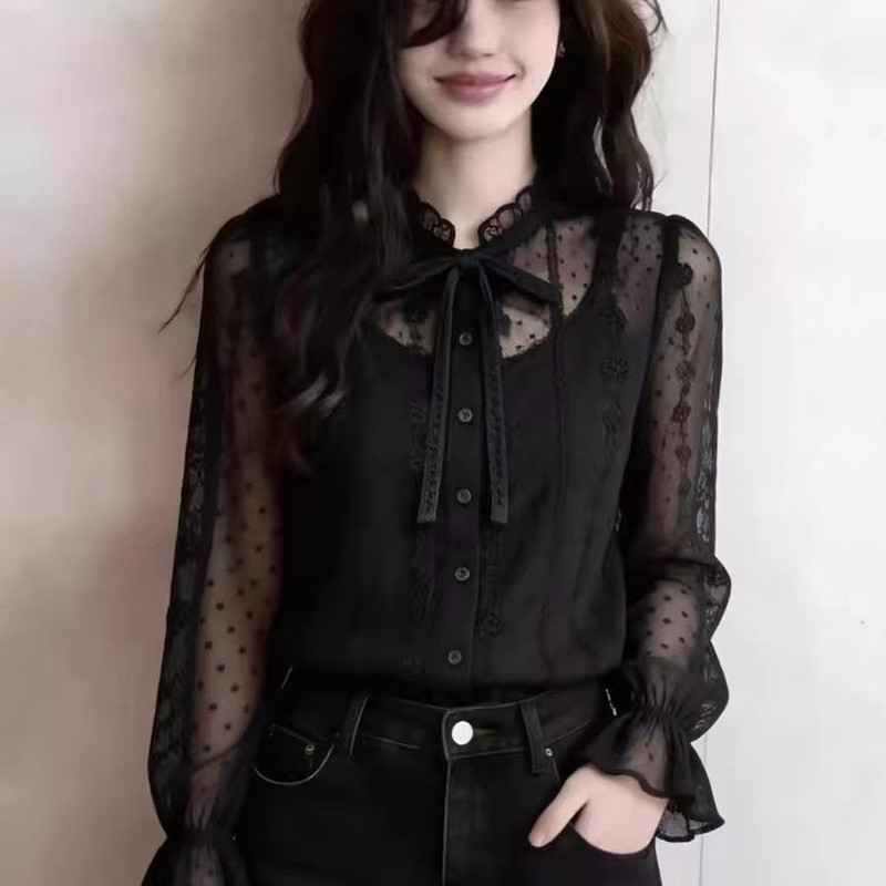 Hepburn-Style Black Lace Patchwork Puff Sleeve Shirt for Women, 2026 Autumn New Luxury High-End Shirt Top