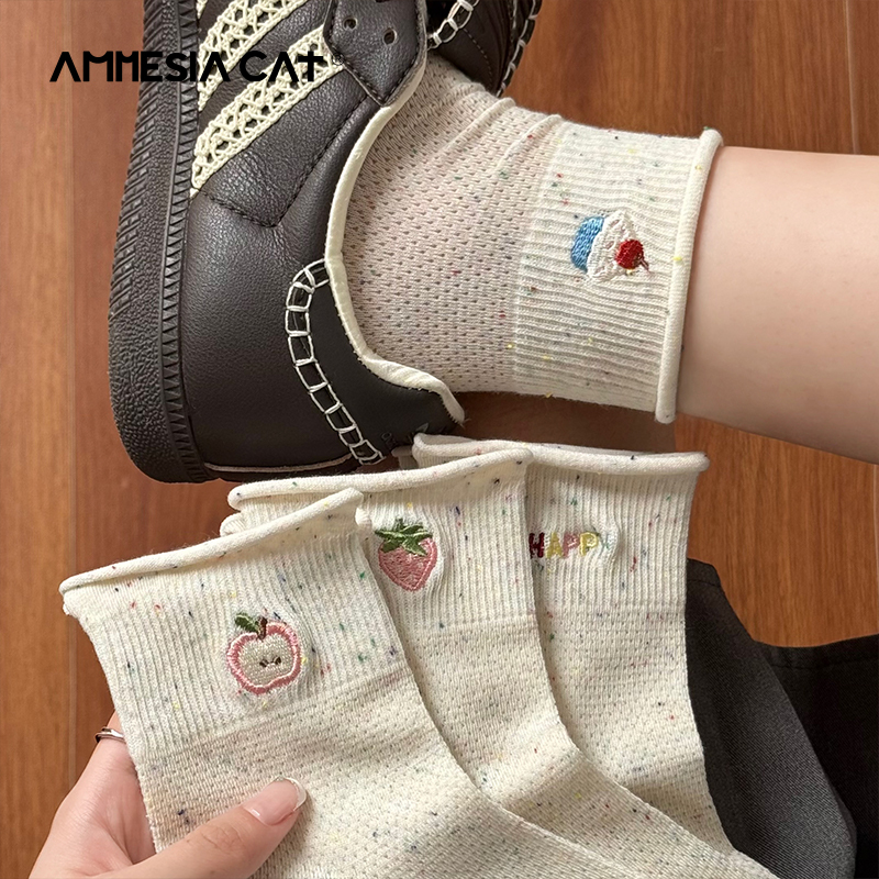 Cute Embroidered Socks for Women, Summer Thin Mid-Calf Socks, Pure Cotton Seamless Mesh Breathable Rolled Edge Short Socks for Women, Summer Style