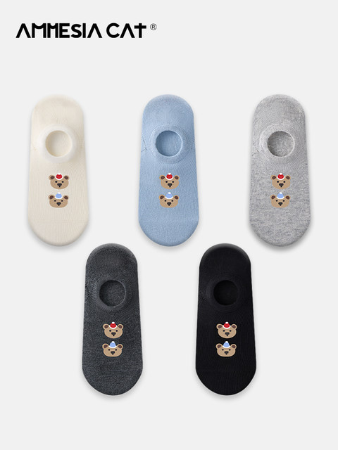 Cute Bear Boat Socks for Women, Summer Thin Pure Cotton Short Socks, Non-Slip, No-Show, Low-Cut Invisible Socks for Women in Summer