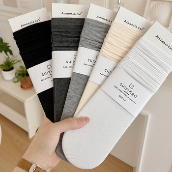 White Slouch Socks for Women, Pure Cotton Mid-Calf Socks, Thin Summer Style, Trendy Seamless Miu Style, Paired with German Training Shoes, Long Socks