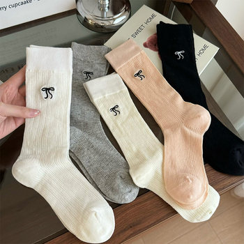 Ballet-Style Bow Socks for Women, Miu Series Seamless Mid-Calf Socks, Pure Cotton Mesh Breathable Summer Thin Slouch Socks