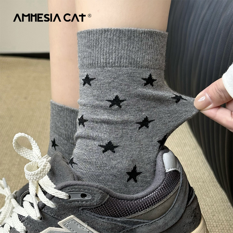 Gray Socks for Women, Summer Thin Style, ins Trendy Pure Cotton Cute Star Korean Style Mid-Calf Socks with Bow, Women's Long Socks