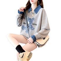 Polo collar embroidered fake two-piece thin sweatshirt for women 2023 spring and autumn new Korean style loose large size design top