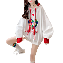Colorblock embroidery design plus velvet thickened sweatshirt for women 2022 autumn and winter new style Korean style loose large size top jacket