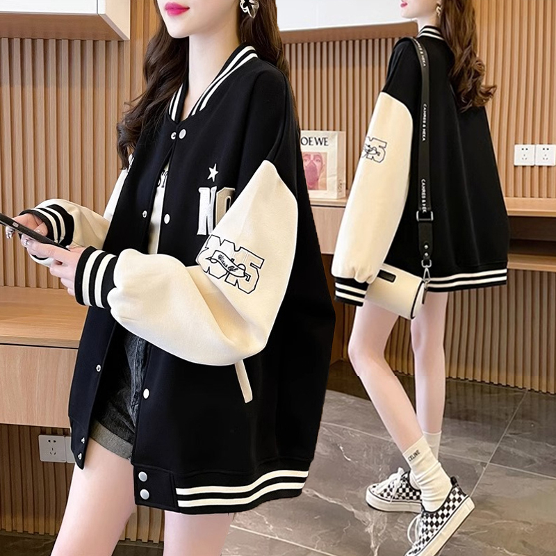 Color-Blocked Embroidered Design Thin Cardigan Sweatshirt for Women, New Korean Style Loose Versatile Baseball Jacket for Women in Spring and Autumn Color-Blocked Embroidered Design Thin Cardigan Sweatshirt for Women, New Korean Style Loose Versatile Baseball Jacket for Women in Spring and Autumn