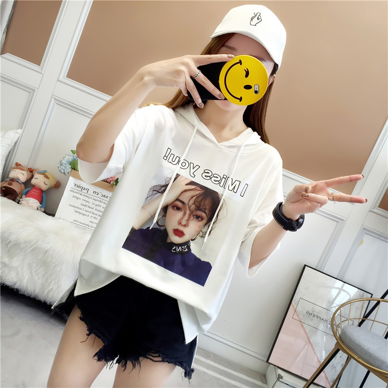 Áo len siêu ngắn cec tay ngắn nữ trùm đầu mùa hè 2019 nữ phiên bản mới của Hàn Quốc áo thun rộng cỡ lớn trên quần áo thủy triều - Áo phông áo thun nữ đẹp