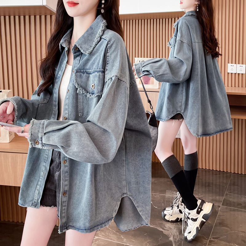 Plus-Size Women's Fashion Design Denim Thin Jacket, New Korean Style Loose Versatile Mid-Length Outerwear Shirt for Spring and Autumn
