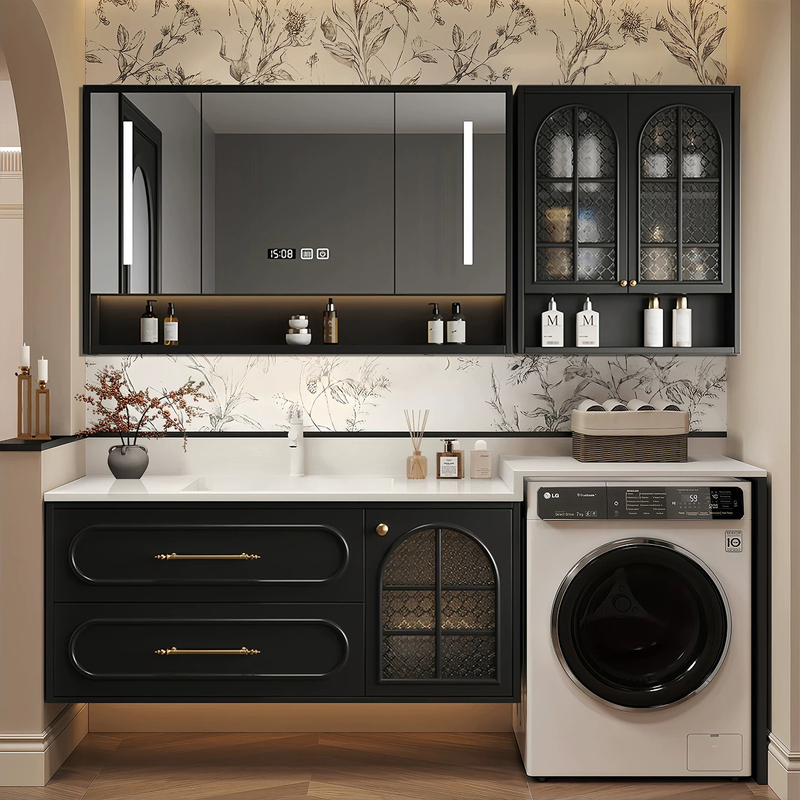 French-Style Vintage Bathroom Cabinet and Washing Machine Cabinet Combination, Bathroom Rock Slab Hot-Bent Integrated Basin Washstand French-Style Vintage Bathroom Cabinet and Washing Machine Cabinet Combination, Bathroom Rock Slab Hot-Bent Integrated Basin Washstand